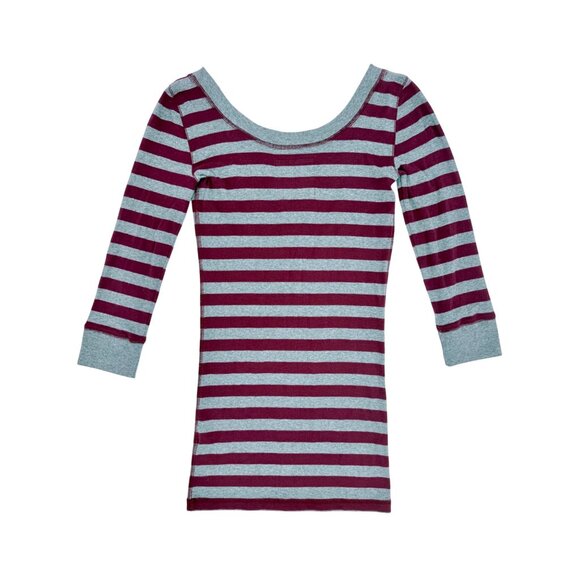 Vintage Y2K Hollister Burgundy & Gray Deep V-Neck Striped Sexy Tunic Mini Dress - Picture 8 of 16